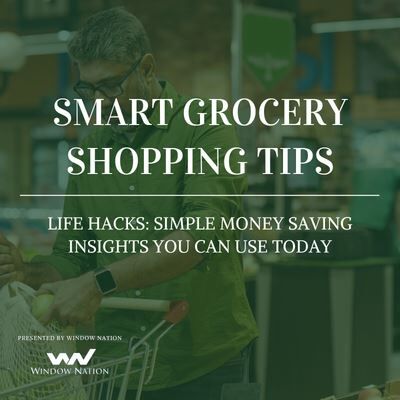 man grocery shopping with text saying grocery shopping savings