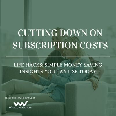 middle aged couple looking at tablet with text on cutting down subscription costs