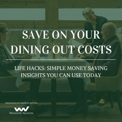 old couple eating at a resturant with text save on your dining out costs