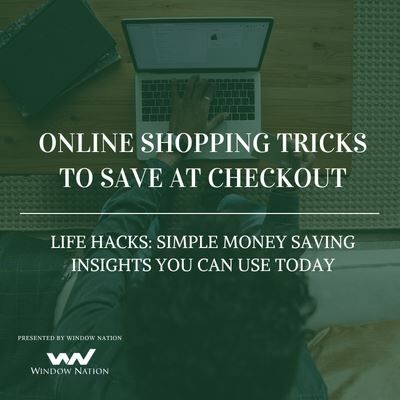 young person typing on laptop with text online shopping tricks to save at checkout