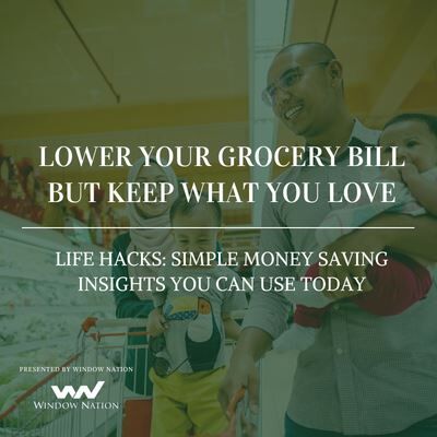 a happy family grocery shopping with text lower your groery bill but keep what you love
