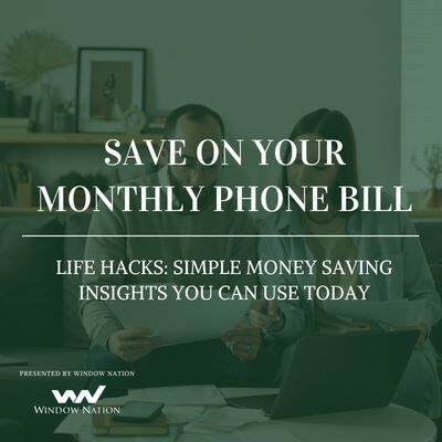 middle aged young looking at bills with text save on your monthly phone bill