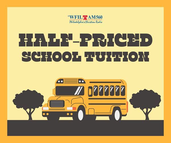 Graphic with a school bus and text reading half price school tutition