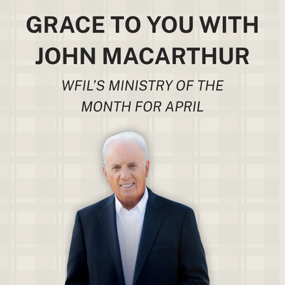graphic with john macarthur and bible study materials for april's ministry of the month