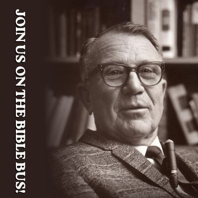 Dr. J vernon McGee headshot with text inviting them on the Bible Bus