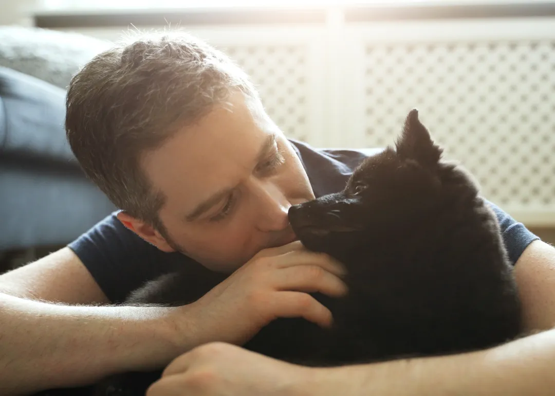 Owner hugging Schipperke dog.