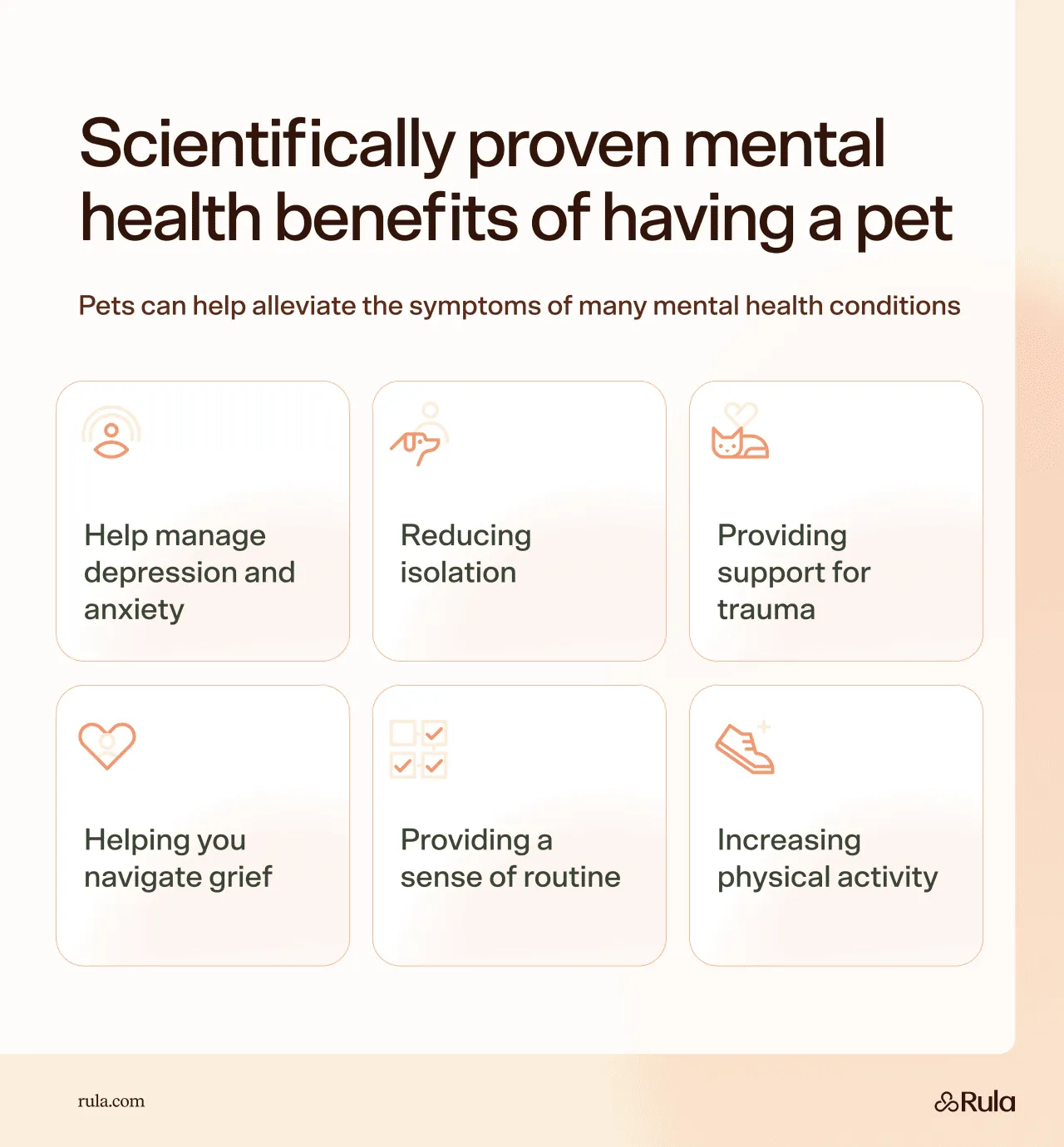 Infographic listing the scientifically proven mental health benefits of having a pet.