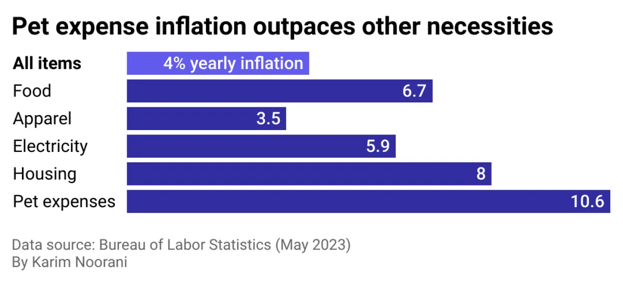 A bar chart showing that pet expense inflation rose nearly 10.6% from last year, more than other categories, including food, apparel, electricity, and housing.