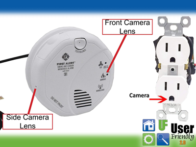 Picture of a smoke alarm and outlet showing where the hidden cameras are located.
