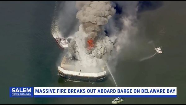 Massive Fire Breaks Out Aboard Scrap Metal Barge On Delaware Bay