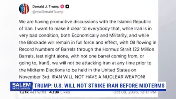Trump Says U.S. Will Not Strike Iran Before Midterm Elections