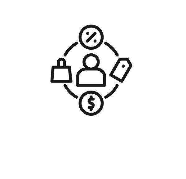 Consumer buying journey showing shopper, price tags, percentage discounts and dollar signs