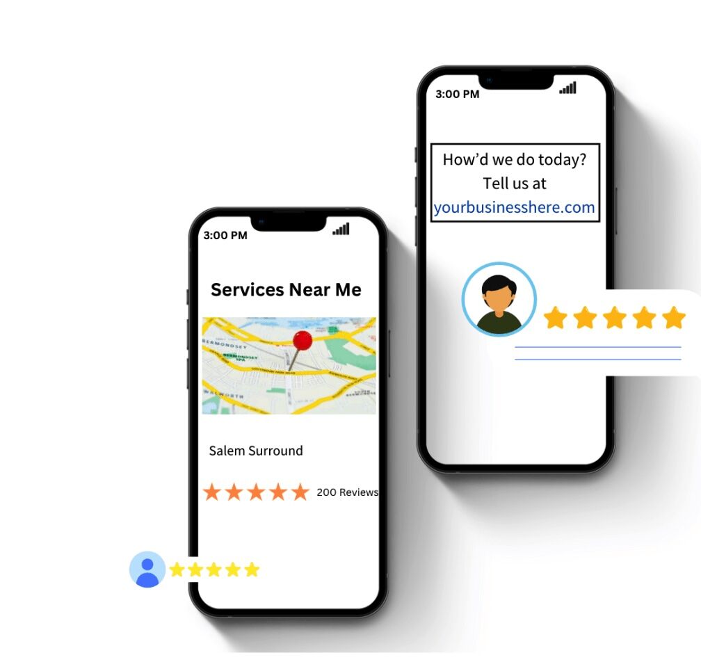  Mobile screens display a local business with five-star reviews, emphasizing the power of customer feedback. Salem Surround helps businesses generate more reviews and improve search rankings