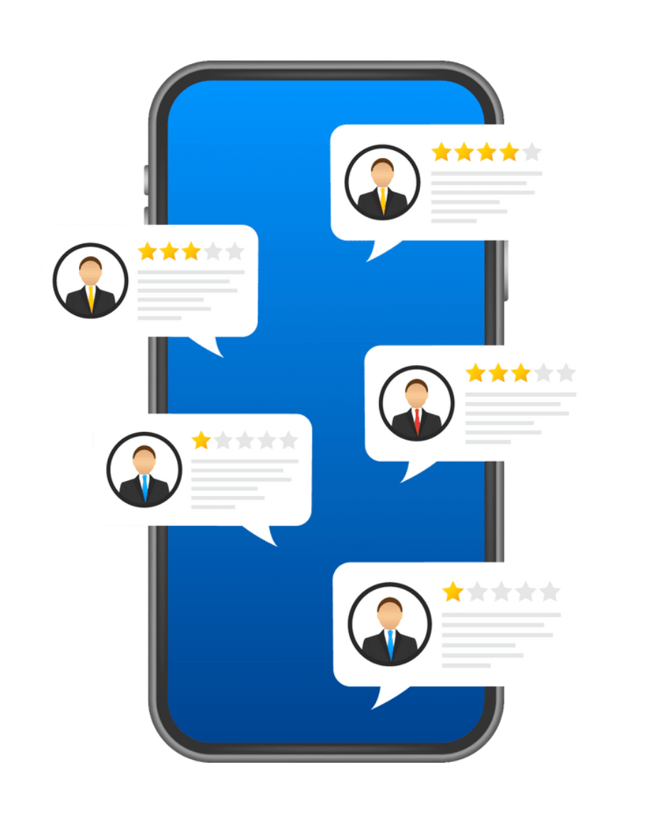 A phone screen displaying customer reviews and star ratings, highlighting the impact of online reputation. Salem Surround helps businesses manage and improve reviews for better local rankings.