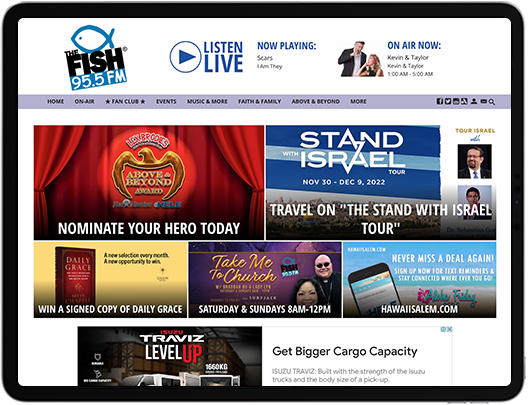 A tablet featuring a Hawaii radio website