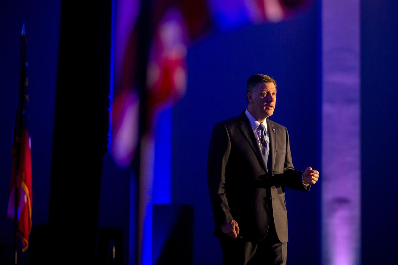 In this photo provided by the Georgia Port Authority, Georgia Ports Authority Executive Director Griff Lynch speaks during the Savannah State of the Port event, Thursday, Sept. 12, 2019, in Savannah, Ga. The GPA plans to double capacity at Garden City Terminal to 11 million twenty-foot equivalent container units per year. In Fiscal Year 2019, port-related industries announced $5 billion in new investment and 12,000 new jobs coming to Georgia. (Stephen Morton/Georgia Port Authority via AP)
Georgia port reopens 4 days after overturned ship closed it