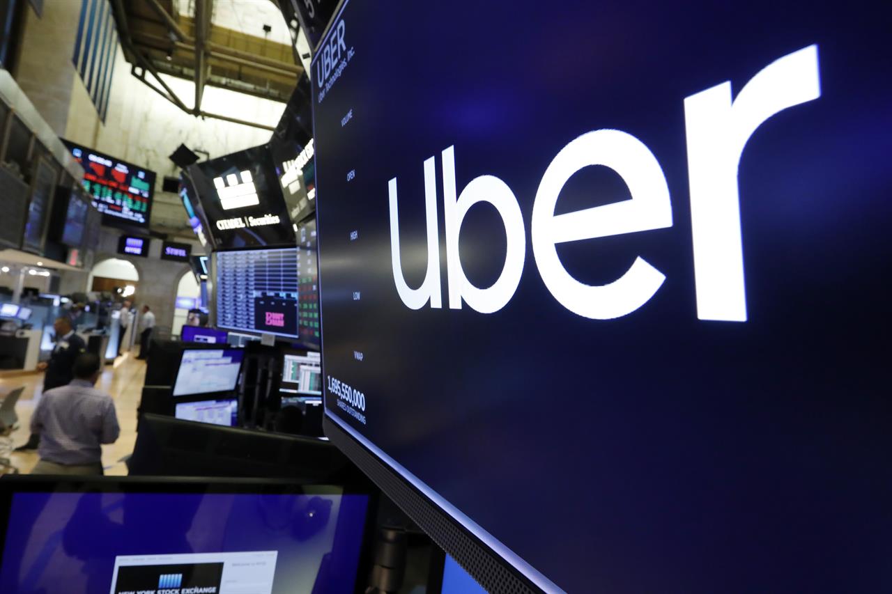 FILE - This Aug. 9, 2019 file photo, the logo for Uber appears above a trading post on the floor of the New York Stock Exchange. Uber lost $1.78 billion in the second quarter of 2020 as the pandemic carved a gaping hole in its ride-hailing business, with millions of people staying home to reduce the spread of the coronavirus. Its food delivery business grew as more people ordered in, but that growing part of its business didn’t turn a profit. (AP Photo/Richard Drew, File)
Uber lost $1.8B in 2Q as riders stayed home and ordered in