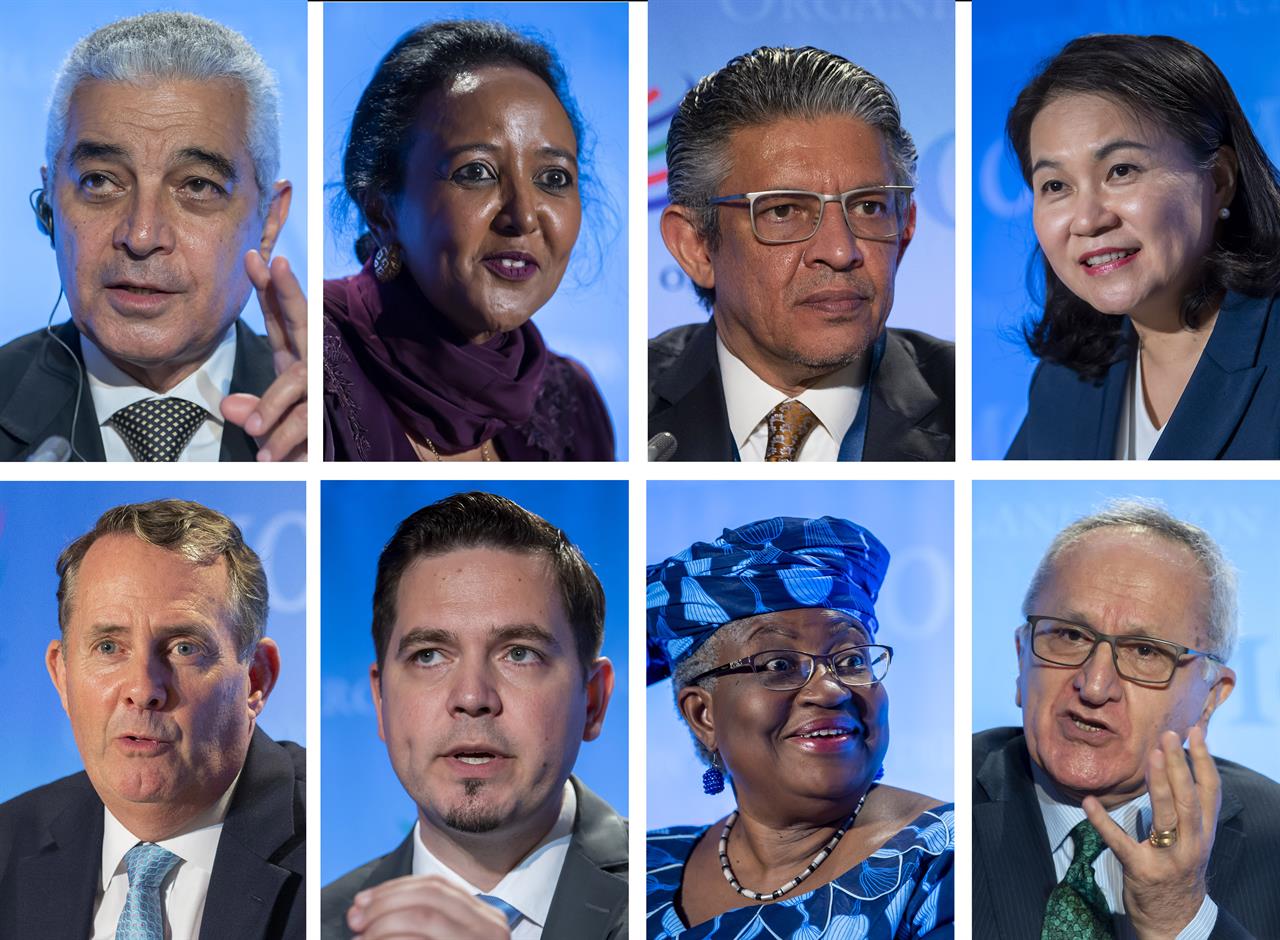 This photo combo shows the candidates for the WTO Director-General selection process at the headquarters of the World Trade Organization (WTO) in Geneva, Switzerland, pictured from Wednesday to Friday, July 15 - 17, 2020. Top row form left, Abdel Hamid Mamdouh, of Egypt, Amina Mohamed, of Kenya, Mohammad Maziad Al-Tuwaijri, of Saudi Arabia, and Yoo Myung-hee, of Korea. Bottom row from left, Liam Fox, of United Kingdom, Tudor Ulianovschi, of Moldova, Ngozi Okonjo-Iweala,of Nigeria and Jesus Seade Kuri, of Mexico. (Martial Trezzini, Salvatore Di Nolfi/Keystone via AP)