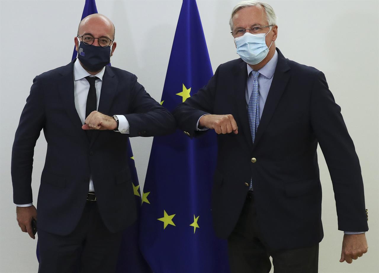European Commission's Head of Task Force for Relations with the United Kingdom Michel Barnier, right, meets with European Council President Charles Michel at the EU Council building in Brussels, Friday, Sept. 18, 2020. (Yves Herman, Pool via AP)
EU leader Michel lashes out at Britain over post-Brexit plan