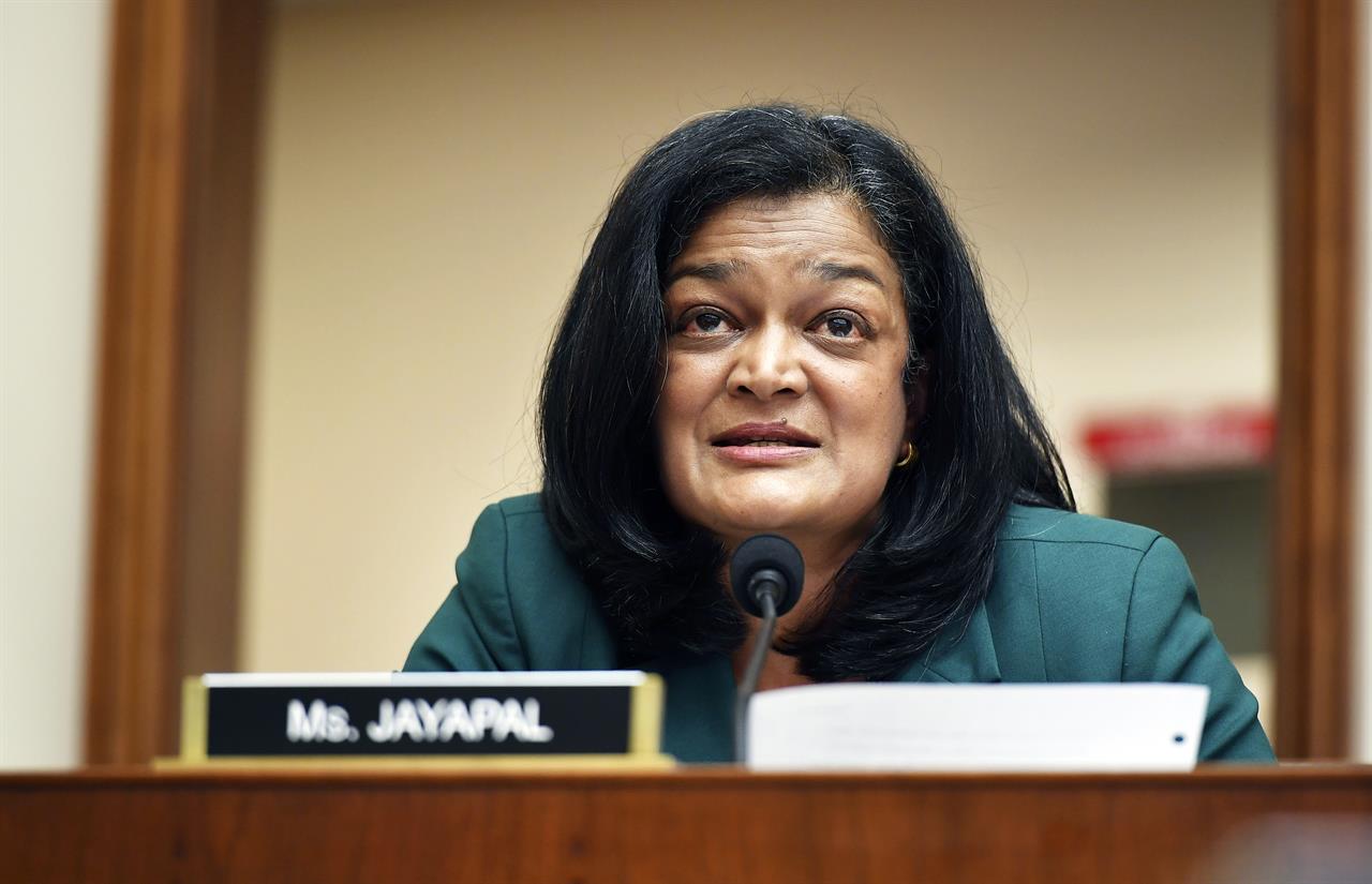 Rep. Pramila Jayapal, D-Wash., speaks during a House Judiciary subcommittee on antitrust on Capitol Hill in a Wednesday, July 29, 2020,file photo, in Washington. Two of Facebook's toughest critics on Capitol Hill, Jayapal and David Cicilline of Rhode Island, have urged the social media platform to get serious about misinformation, voter suppression and hate speech ahead of the 2020 election. In a letter sent Sunday, Sept. 27, U.S. Reps. Pramila Jayapal of Washington and David Cicilline of Rhode Island demanded that Facebook immediately remove pages or groups spreading misleading information about voting and posts encouraging people to bring guns to polling places.(Mandel Ngan/Pool via AP, File)