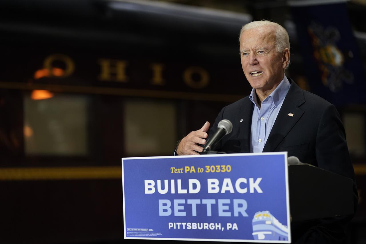 Democratic presidential candidate former Vice President Joe Biden speaks at Amtrak's Pittsburgh Train Station, Wednesday, Sept. 30, 2020, in Pittsburgh. Biden is on a train tour through Ohio and Pennsylvania today. (AP Photo/Andrew Harnik)