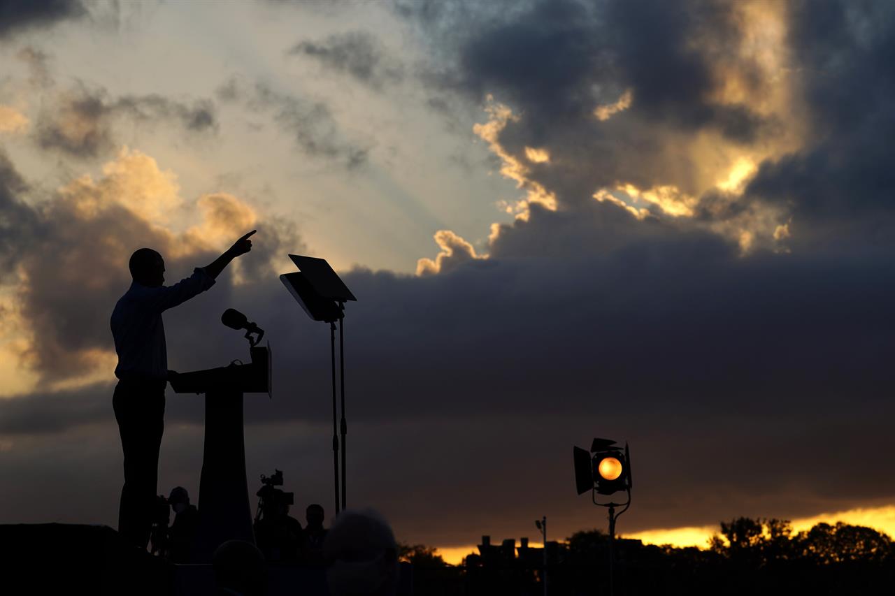 Former President Barack Obama speaks at Citizens Bank Park as he campaigns for Democratic presidential candidate former Vice President Joe Biden, Wednesday, Oct. 21, 2020, in Philadelphia. (AP Photo/ Matt Slocum)