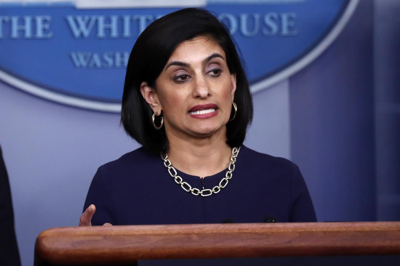 FILE - In this April 7, 2020, file photo, Seema Verma, administrator of the Centers for Medicare and Medicaid Services, speaks about the coronavirus, in the James Brady Press Briefing Room of the White House in Washington. Medicare will cover the yet-to-be approved coronavirus vaccine free for older people under a policy change expected to be announced shortly, a senior administration official said Tuesday. (AP Photo/Alex Brandon, File)