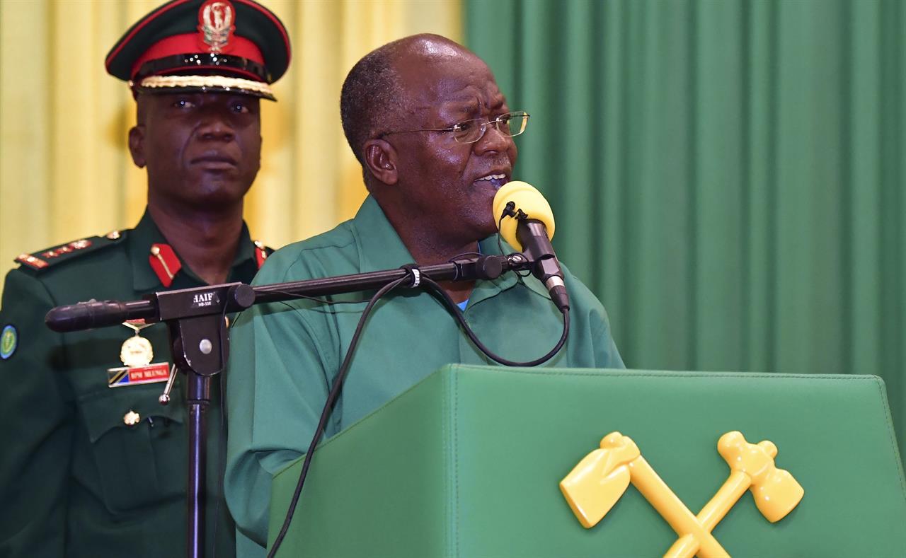 Tanzania ruling party CCM Presidential Candidate President John Magufuli addresses Dodoma region elders at the climax of his election campaign on Tuesday. Tuesday, Oct. 27, 2020. A major opposition party in Tanzania is accusing police of shooting dead at least nine citizens amid unrest over alleged fraud on the eve of the country's presidential election.(AP Photo)