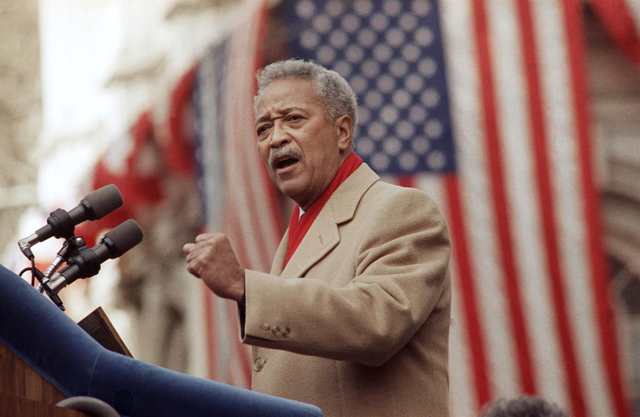 FILE - In this Monday, Jan. 2, 1990, file photo, David Dinkins delivers his first speech as mayor of New York, in New York. Dinkins, New York City’s first African-American mayor, died Monday, Nov. 23, 2020. He was 93. (AP Photo/Frankie Ziths, File)