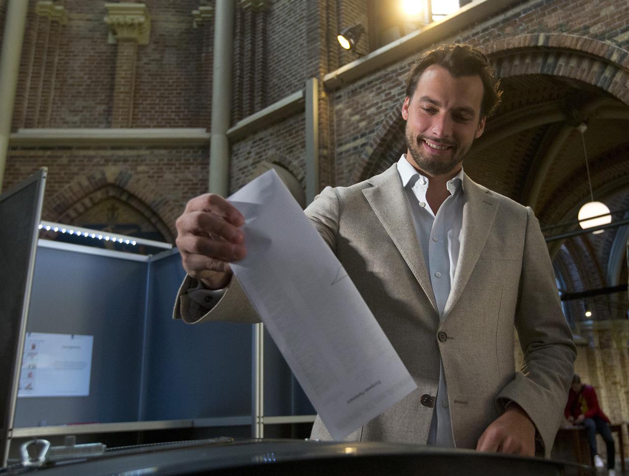FILE - In this file photo dated Thursday, May 23, 2019, Thierry Baudet, leader of the populist party Forum for Democracy, casts his ballot for the European elections in Amsterdam, Netherlands,. The leader of a Dutch right-wing populist party, Thierry Baudet said Monday Nov. 23, 2020, he would not lead it into parliamentary elections in March 2021 amid unrest caused by a report of far-right messages being exchanged by members of the party's youth wing. (AP Photo/Peter Dejong, FILE)