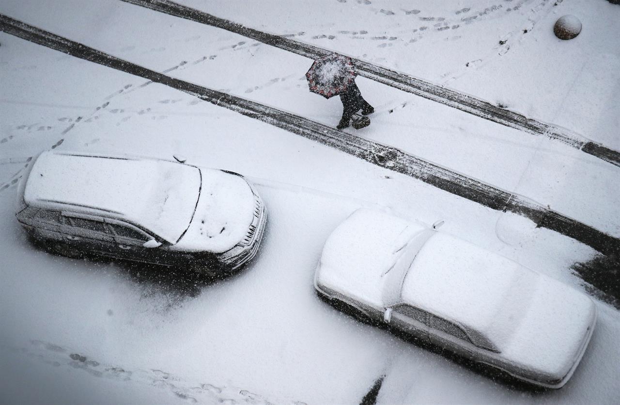 A woman walks in snowfall in St.Petersburg, Russia, Friday, Nov. 20, 2020. A cyclone has brought heavy snowfall to St. Petersburg region. (AP Photo/Dmitri Lovetsky)