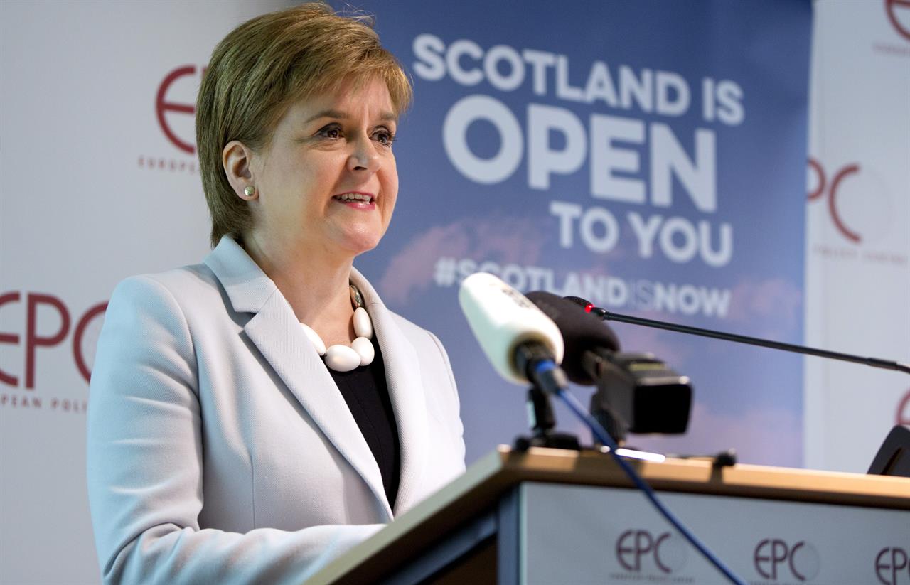 FILE - In this Tuesday, June 11, 2019 file photo, Scotland's First Minister Nicola Sturgeon speaks during an event in Brussels. Scotland’s pro-independence leader said Monday, Nov. 30, 2020 that she hopes to hold a referendum on independence from Britain as early as next year, setting up a political showdown with a U.K. government that refuses to countenance a secession vote. (AP Photo/Virginia Mayo, file)