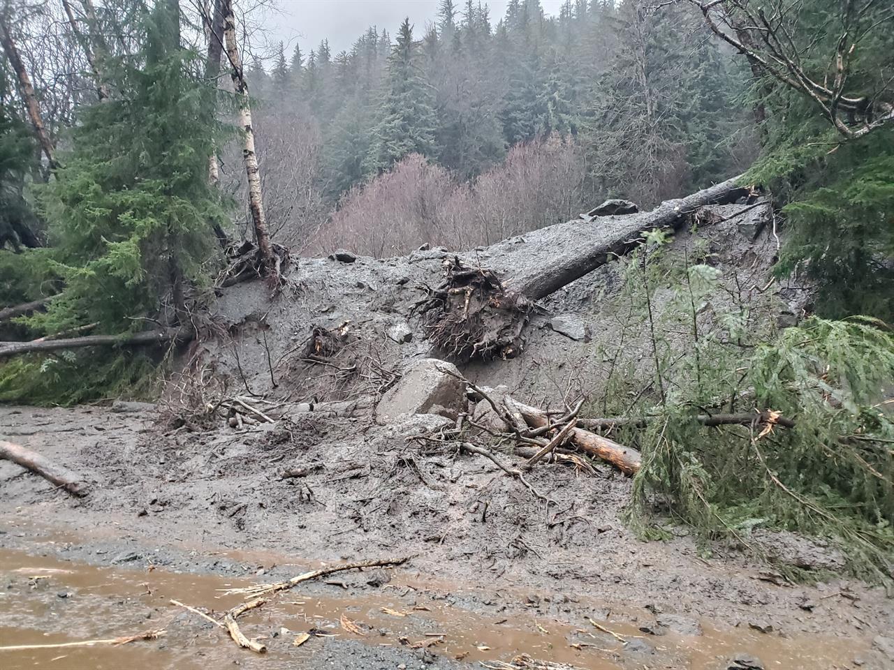 This photo provided by the Alaska Department of Transportation and Public Facilities shows damage from heavy rains and a mudslide 600 feet wide in Haines, Alaska, on Wednesday, Dec. 2, 2020. Authorities say six people are unaccounted for, and four homes were destroyed in the slide, with the search resuming Thursday morning for survivors. (Matt Boron/Alaska Department of Transportation and Public Facilities via AP)