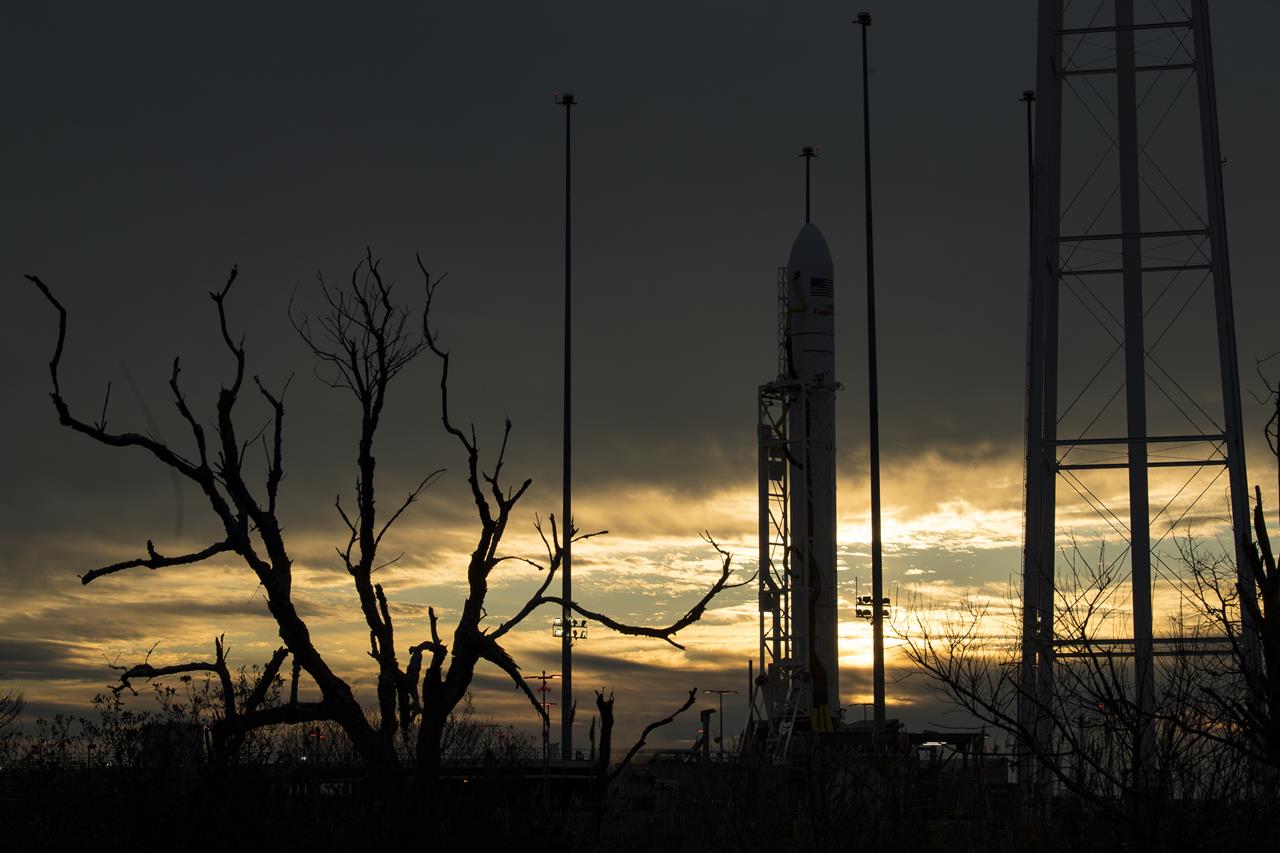 In this image provided by NASA, a Northrop Grumman Antares rocket carrying a Cygnus resupply spacecraft is seen at sunrise on Pad-0A, Friday, Feb. 14, 2020, at NASA's Wallops Flight Facility on Wallops Island, Va. High wind delayed Friday's launch to the International Space Station. It has been rescheduled for Saturday. (Aubrey Gemignani/NASA via AP)
Wind delays Northrop Grumman's supply run to space station