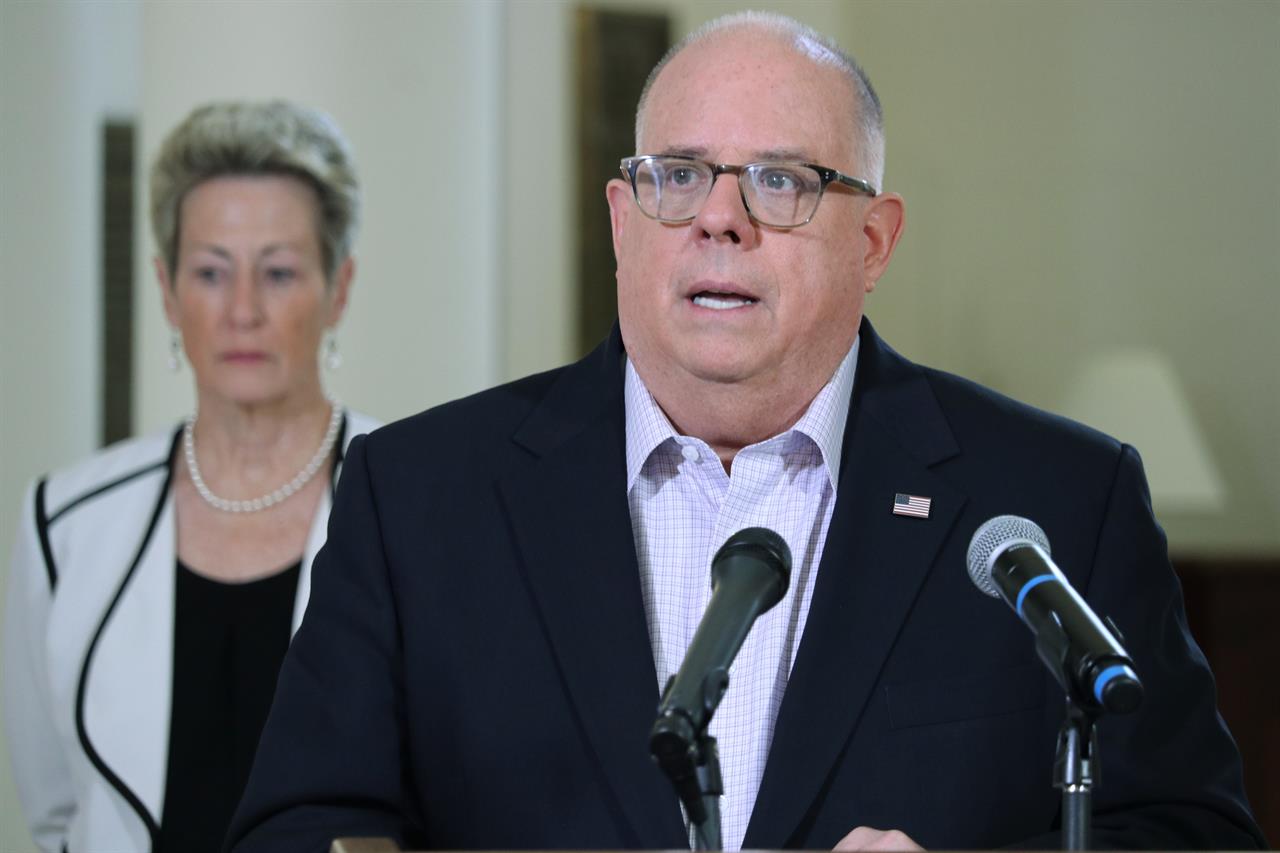 Gov. Larry Hogan, R-Md., speaks at a news conference, Friday, April 3, 2020, in Annapolis, Md. Authorities are searching for the daughter and a grandson of former Maryland Lt. Gov. Kathleen Kennedy Townsend after a canoe they were paddling in the Chesapeake Bay didn’t return to shore. Hogan on Friday identified the missing relatives as Maeve Kennedy Townsend McKean and McKean’s 8-year-old son, Gideon Joseph Kennedy McKean. (AP Photo/Brian Witte)
Police: Body of Kathleen Kennedy Townsend's grandson found