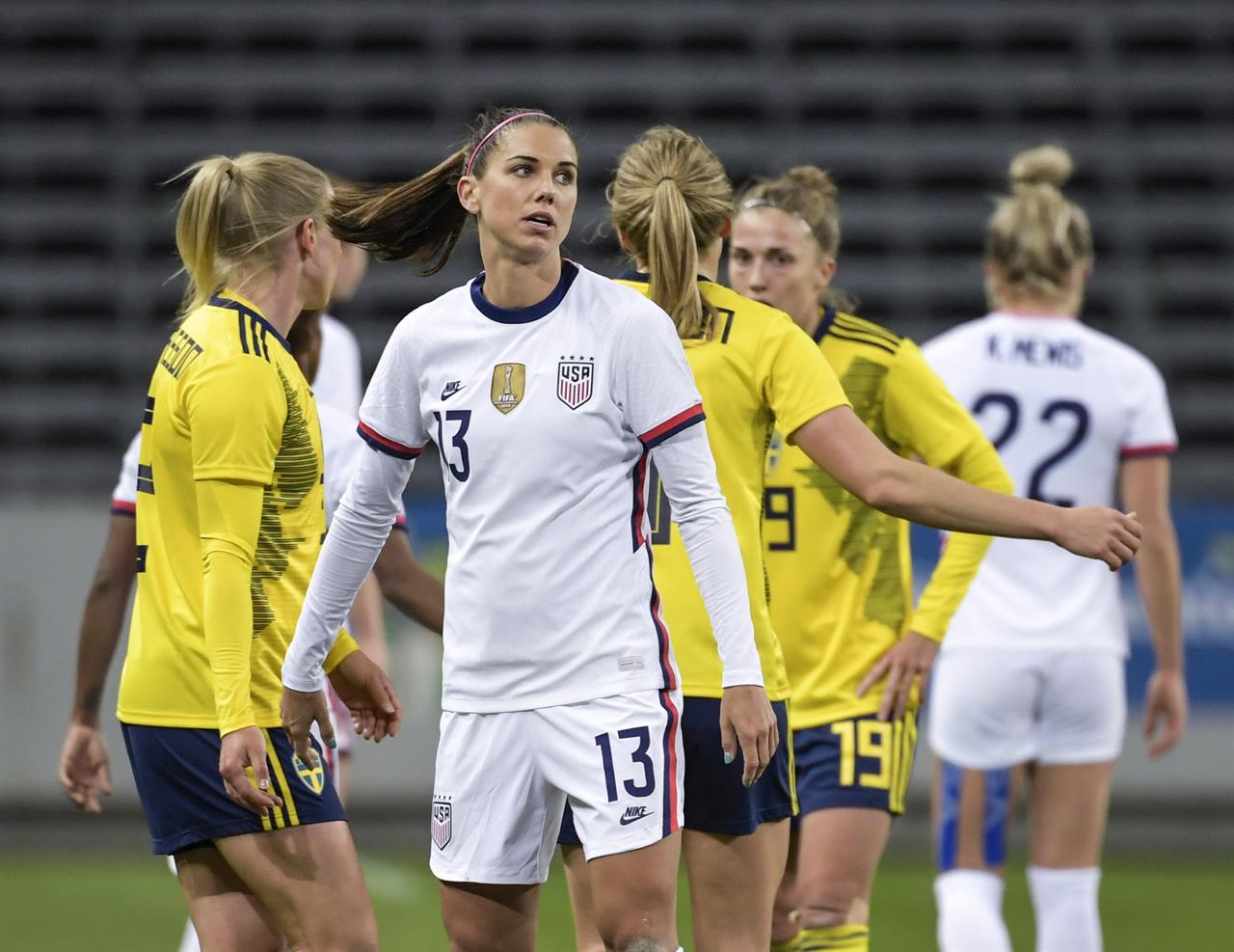 USA's Alex Morgan looks on, after the women's international friendly soccer match between Sweden and USA at Friends Arena in Stockholm, Sweden, Saturday, April 10, 2021. (Janerik Henriksson/TT via AP)