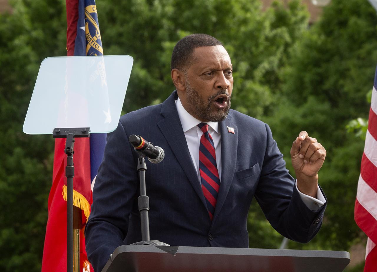 Vernon Jones declares his intention to run for governor of Georgia as a Republican in Atlanta, on Friday, April 16, 2021. Jones, a former Democrat, is looking to ride a wave of Trump supporters' discontent with Gov. Brian Kemp to the Republican nomination. (AP Photo/Ron Harris)