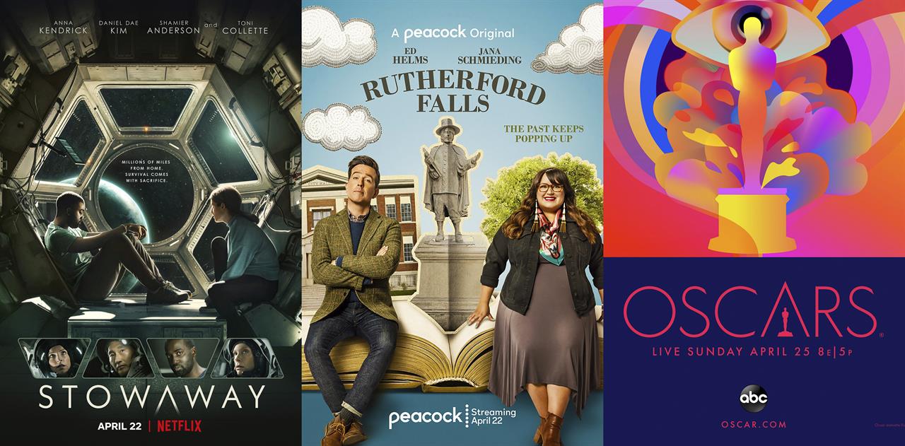 This combination photo shows promotional art for the film "Stowaway," streaming April 22 on Netflix, the new series "Rutherford Falls," premiering April 22 on the Peacock streaming service, and the Oscars, airing on Sunday April 25 on ABC. (Netflix/Peacock/ABC via AP)