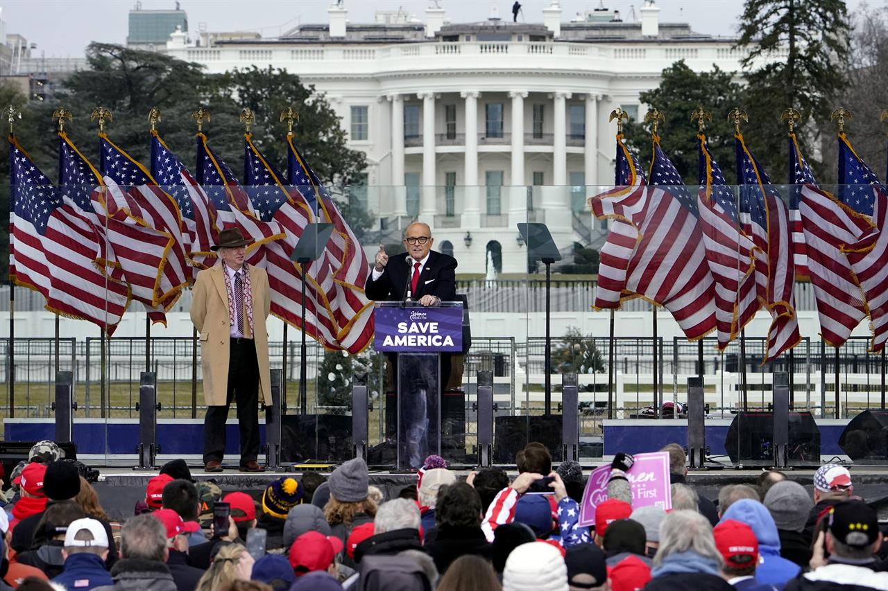 FILE - In this Jan. 6, 2021 file photo former New York Mayor Rudolph Giuliani speaks in Washington at a rally in support of President Donald Trump, called the "Save America Rally." Giuliani is facing possible expulsion from the New York State Bar Association over incendiary remarks he made to Trump's supporters last week before they stormed the U.S. Capitol. (AP Photo/Jacquelyn Martin, File)
