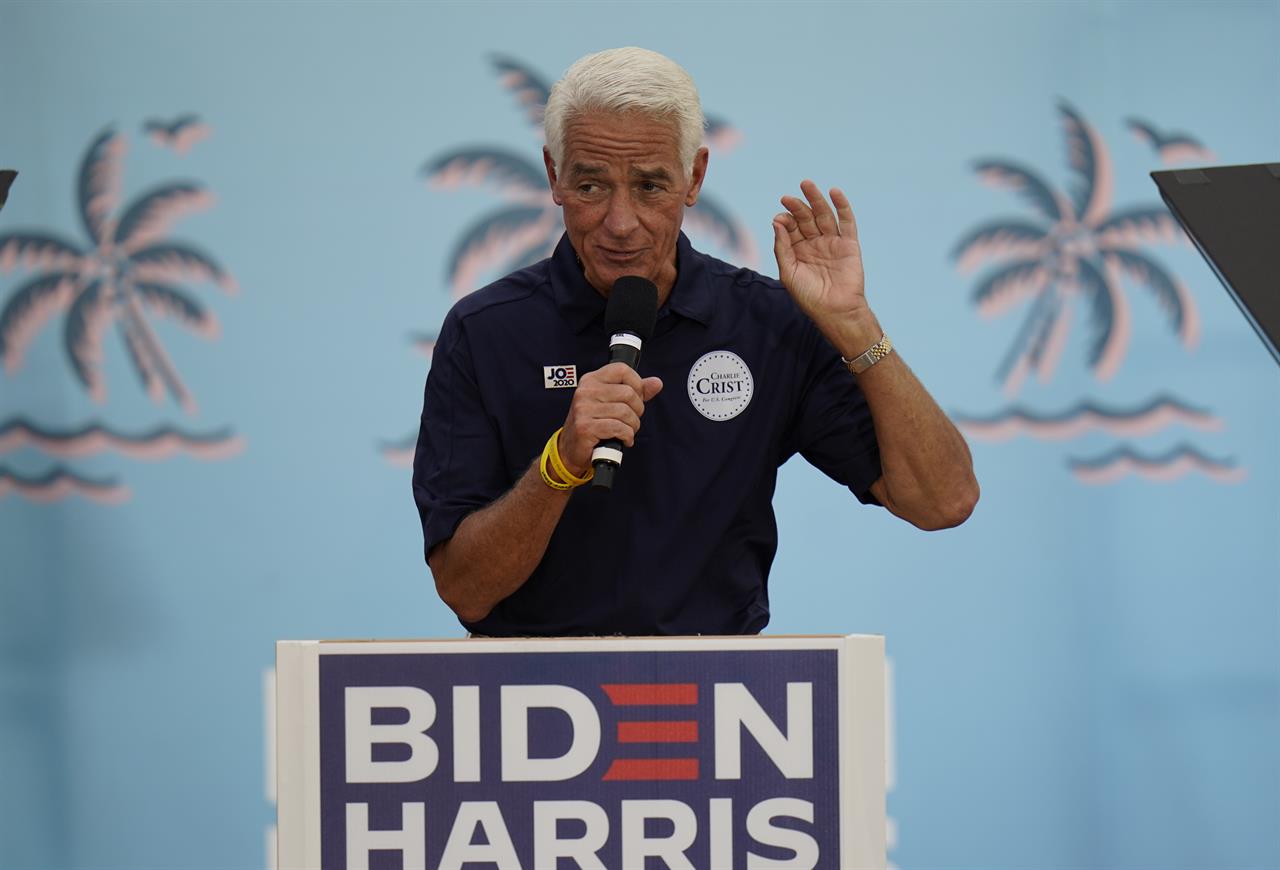 FILE - In this Nov. 1, 2020 file photo, U.S. Rep. Charlie Crist, D-Fla., before Jill Biden speaks to supporters while campaigning for her husband Democratic presidential candidate and former Vice President Joe Biden, during a campaign rally in Tampa, Fla. Crist, who served as Florida governor for a single term before running for other positions, is seeking the state's highest office once again — this time as a Democrat. Crist on Tuesday, May 4, 2021, released videos leaving no doubt the campaign is on. (AP Photo/Chris O'Meara, File)
