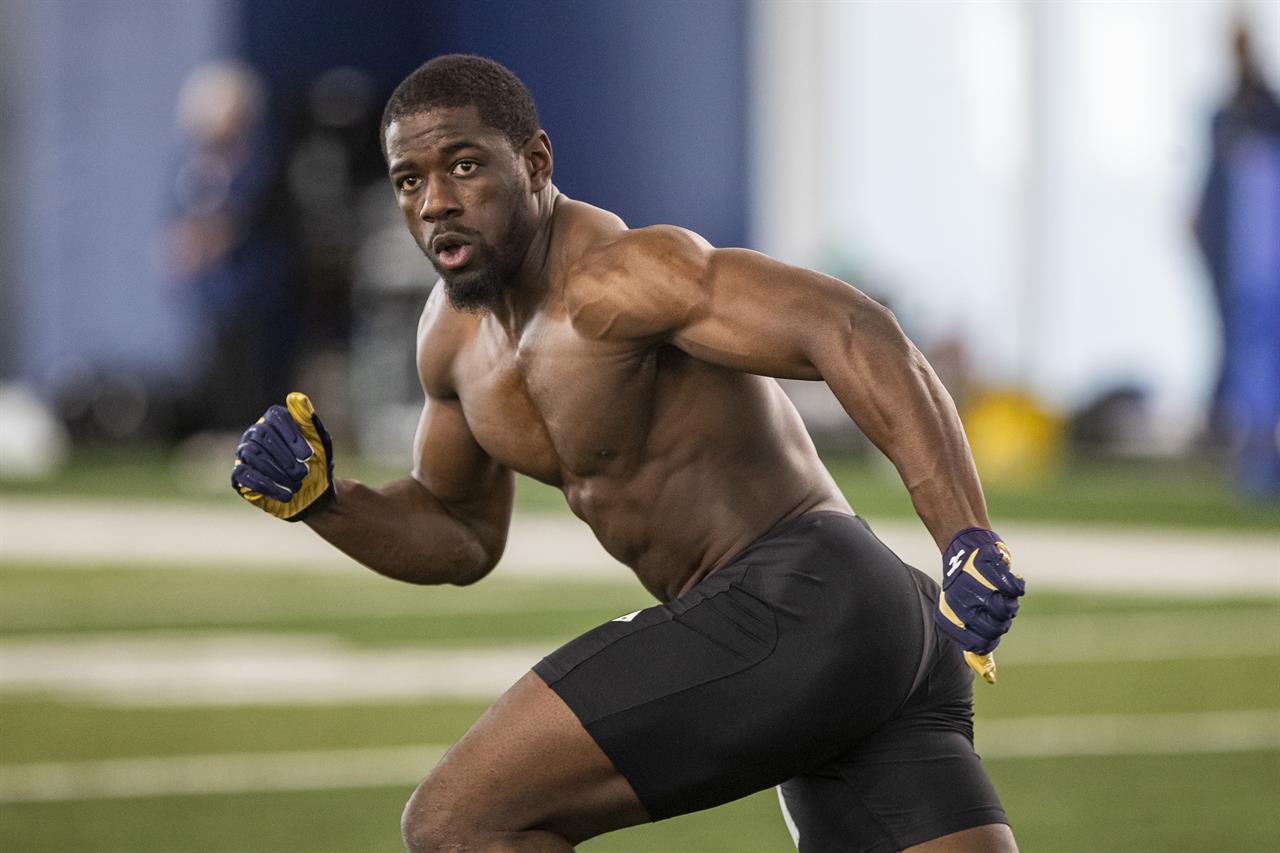 FILE - Jeremiah Owusu-Koramoah participates in Notre Dame's Pro Day workout in South Bend, Ind., in this Wednesday, March 31, 2021, file photo. Browns rookie linebacker Jeremiah Owusu-Koramoah said he's not worried about a heart issue that may have caused some teams to pass on him in the NFL draft. "My heart is 100% healthy,” Owusu-Koramoah said Friday, May 14, 2021, on a Zoom call as the Browns opened rookie minicamp. (AP Photo/Robert Franklin, File)