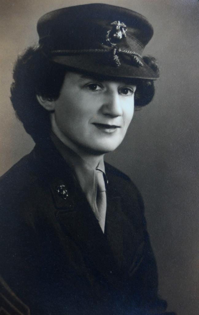 This photo provided by Beth Kluttz shows Dorothy Schmidt Cole in 1945. Dorothy Schmidt Cole, recognized last year as the oldest living U.S. Marine, has died at age 107. The Marine Times says Dorothy Schmidt Cole died of a heart attack at her daughter's home in Kannapolis on Jan. 7, 2021. (Courtesy of Beth Kluttz via AP)
