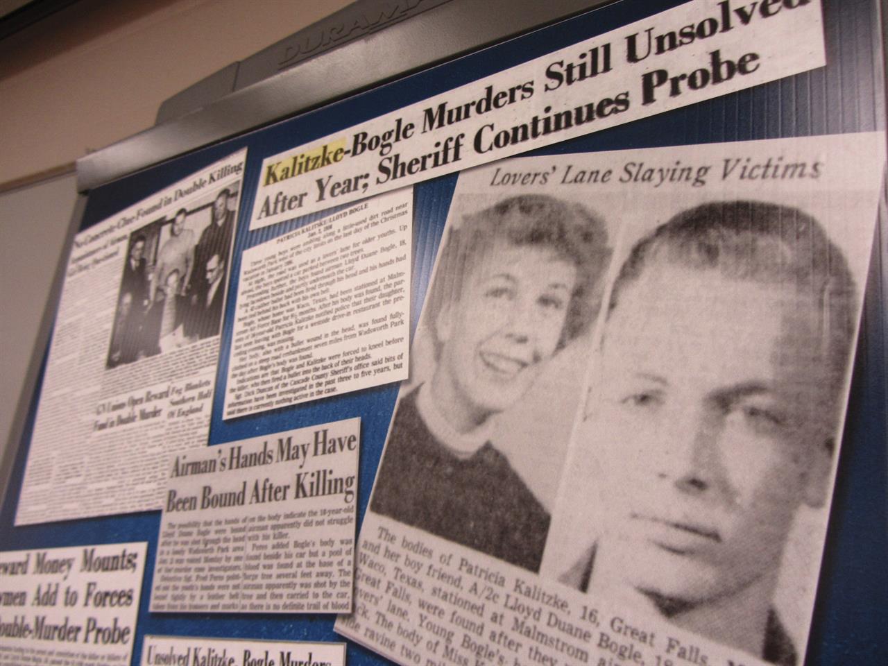 Clippings from the Great Falls Tribune that are displayed on Tuesday, June 8, 2021, in Great Falls, Mont., were part of the Cascade County Sheriff's Office investigative file into the 1956 murders of Patricia Kalitzke, 16, and Duane Bogle, 18, northwest of Great Falls. Investigators have closed the case after using forensic genealogy to identify Kenneth Gould, who is now deceased, as having likely committed the murders. (Traci Rosenbaum/The Great Falls Tribune via AP)