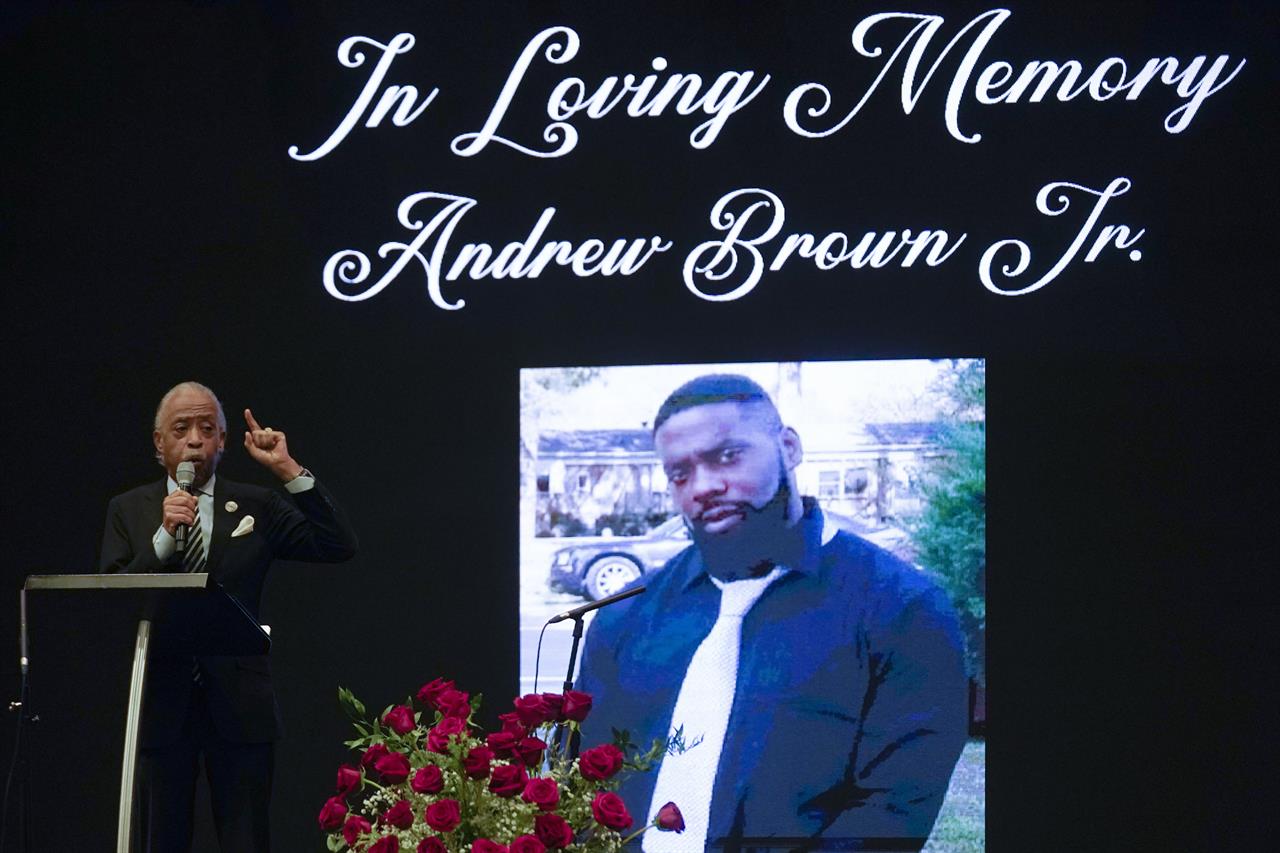 FILE - In this May 3, 2021, file photo Rev. Al Sharpton speaks during the funeral for Andrew Brown Jr., at Fountain of Life Church in Elizabeth City, N.C. Brown, the unarmed Black man who was fatally shot in April by sheriff's deputies in North Carolina, died from a “penetrating gunshot wound of the head,” according to the official autopsy results released Thursday June 10. (AP Photo/Gerry Broome, File)