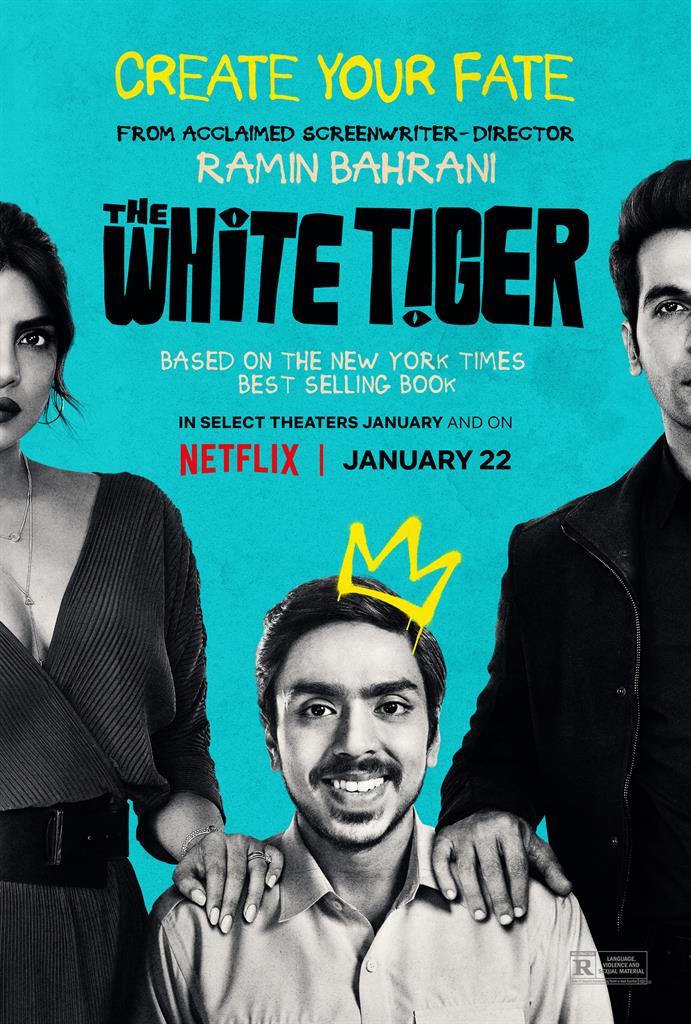 This image released by Netflix shows key art for "The White Tiger," a film streaming on Netflix beginning January 22. (Netflix via AP)