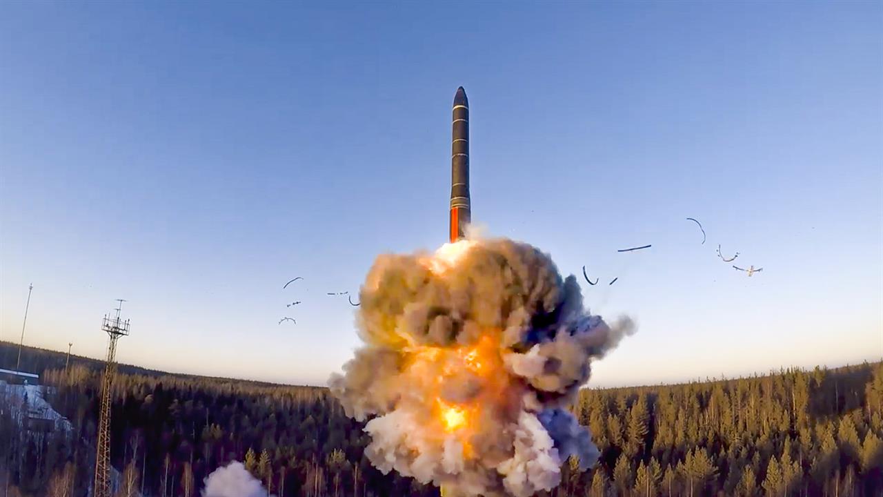 FILE - In this file photo taken from a video distributed by Russian Defense Ministry Press Service, on Wednesday, Dec. 9, 2020, a rocket launches from missile system as part of the drills, a ground-based intercontinental ballistic missile was launched from the Plesetsk facility in northwestern Russia. Russia's top diplomat says that Moscow is ready for a quick deal with the incoming administration of U.S. President-elect Joe Biden to extend the last remaining arms control pact, which expires in just over two weeks. (Russian Defense Ministry Press Service via AP, File)