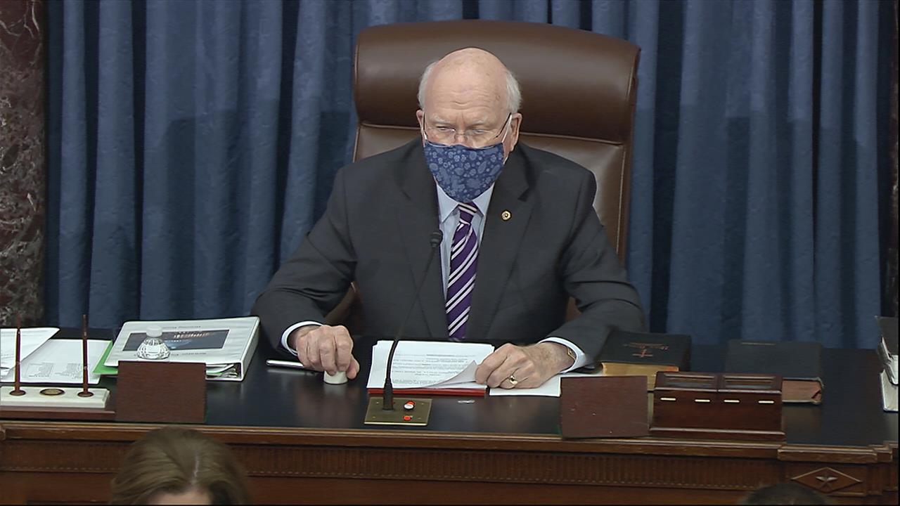 In this image from video, Sen. Patrick Leahy, D-Vt., the president pro tempore of the Senate, presides over the impeachment trial of former President Donald Trump in the Senate at the U.S. Capitol in Washington, Tuesday, Jan. 26, 2021. (Senate Television via AP)
