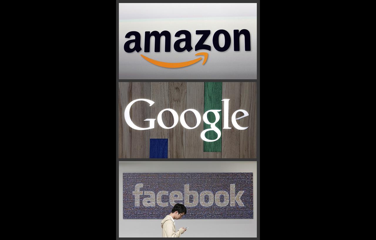 FILE - This photo combo of images shows the Amazon, Google and Facebook logos. An international debate over how countries tax big U.S. technology companies such as Google, Amazon and Facebook is heating up. It's a challenge for the new U.S. Biden Administration, since talks face a mid-year deadline to reach a global deal that all agree on _ and defuse trade disputes with France and other countries that are imposing go-it-alone taxes the U.S. sees as discriminatory. (AP Photo, file)