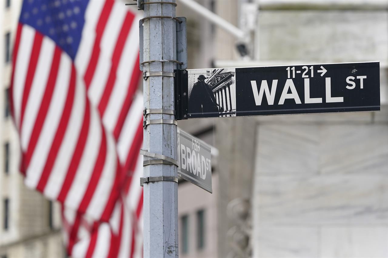 FILE - A street sign is displayed at the New York Stock Exchange in New York, Monday, Nov. 23, 2020. Stocks are pulling back broadly in the early going on Wall Street, taking the S&P 500 further below the record high it reached just two days ago. The benchmark index was off 1.4% in the first few minutes of trading Wednesday, Jan. 27, 2021. (AP Photo/Seth Wenig)
