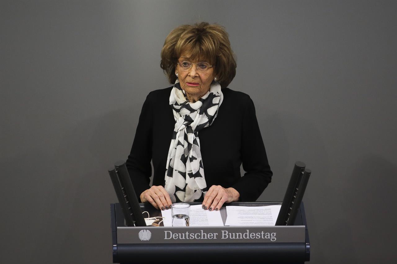 Holocaust survivor Charlotte Knobloch delivers a speech at the German Federal Parliament, Bundestag, at the Reichstag building in Berlin, Germany, Wednesday,, Jan. 27, 2021 during a special meeting commemorating the victims of the Holocaust on the International Holocaust Remembrance Day. (AP Photo/Markus Schreiber)